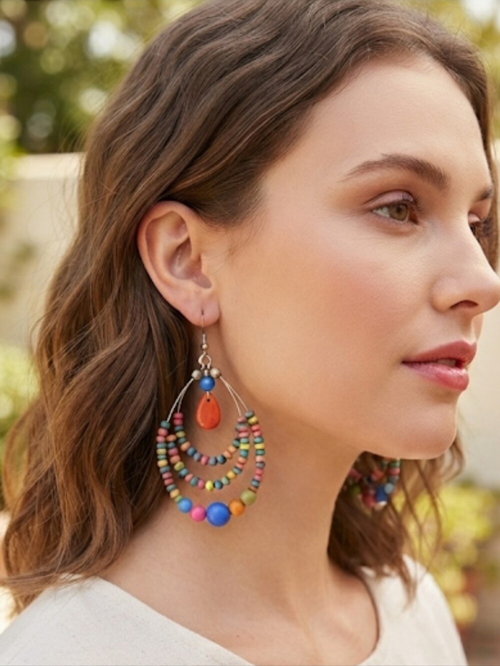 Colorful Multi-Hoop Boho Pierced Earrings With Multicolored Wood & Acrylic Beads